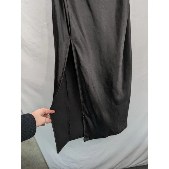 Y2K Whimsigoth Satin Cowl Neck Maxi Slip Dress Sz M Black Dark Romantic Leg Slit - Picture 4 of 11